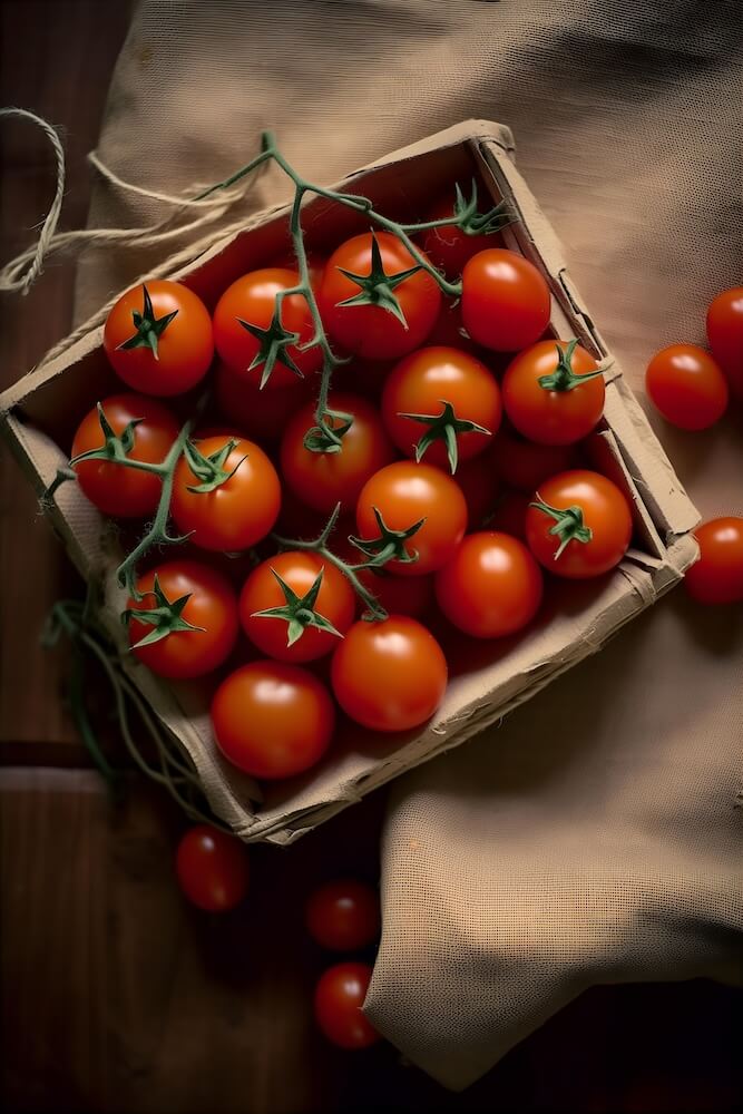 small-red-tomatoes-in-brown-paper-on-wooden-table