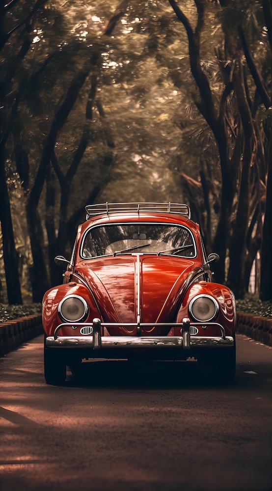 vintage-car-in-red-parked-in-a-park-with-trees