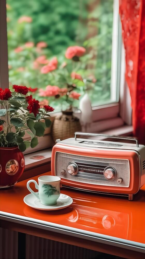 vintage-radio-on-a-red-table-with-a-cup-of-coffee-near-a-plant