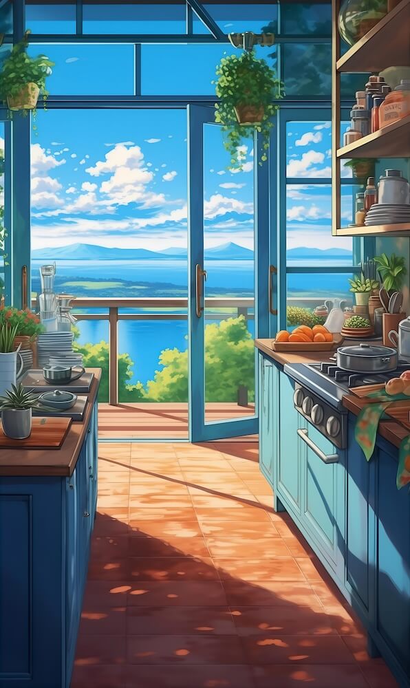 painting-of-an-open-kitchen-with-big-windows-overlooking-the-sea