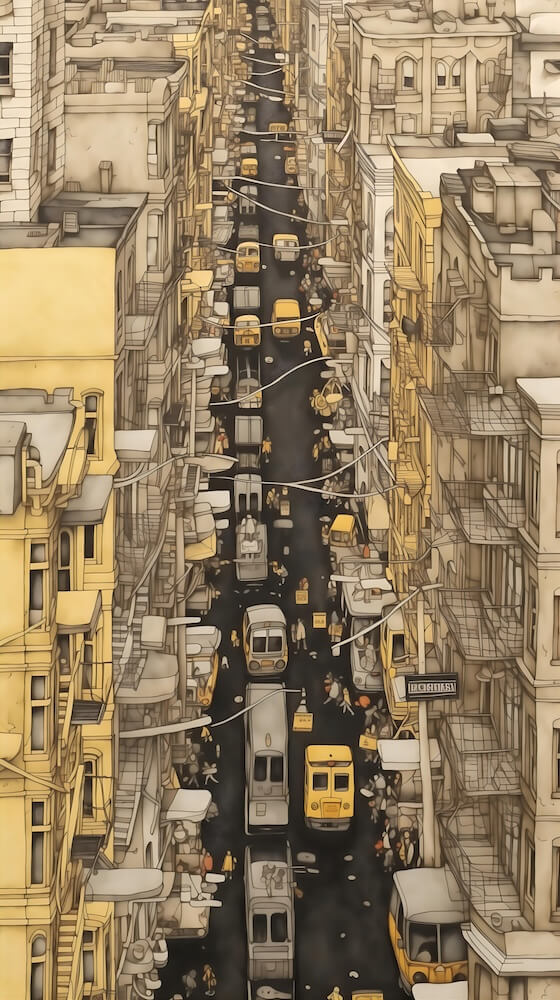 drawing-with-yellow-street-cars-in-the-style-of-new-york-cityscape