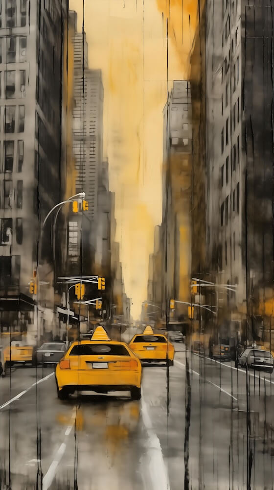 drawing-of-cities-with-a-yellow-car-driving-down-a-street