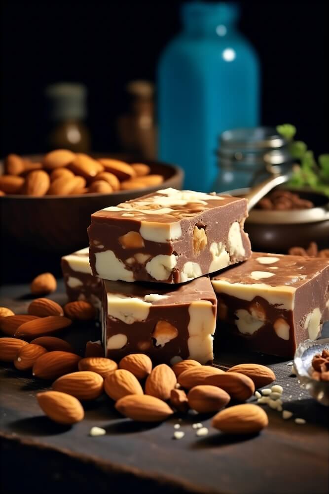 white-and-almond-peanut-butter-bar-with-nuts-on-top-a-counter
