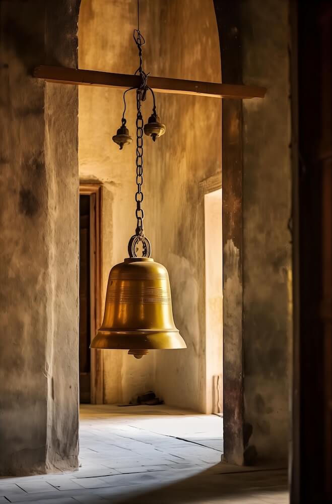 old-golden-shaped-bell-hanging-in-a-hall
