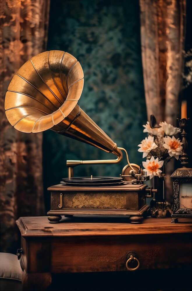 an-old-gramophone-with-some-gold-accessories