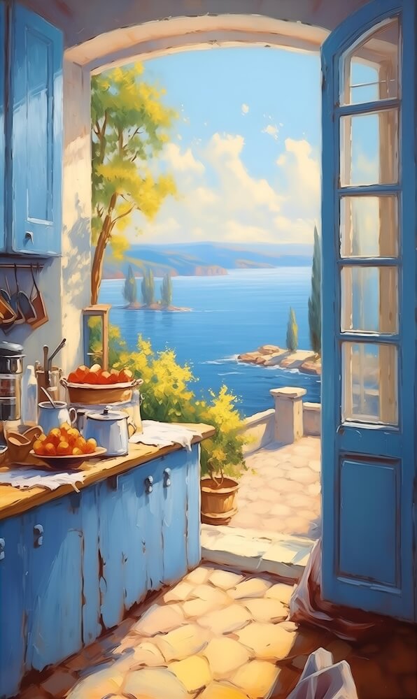 blue-kitchen-on-an-island-with-a-window-overlooking-the-ocean