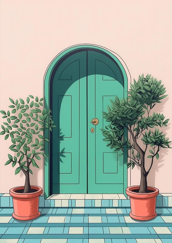 graphic-design-poster-art-of-a-green-door-with-potted-plant-in-tiling