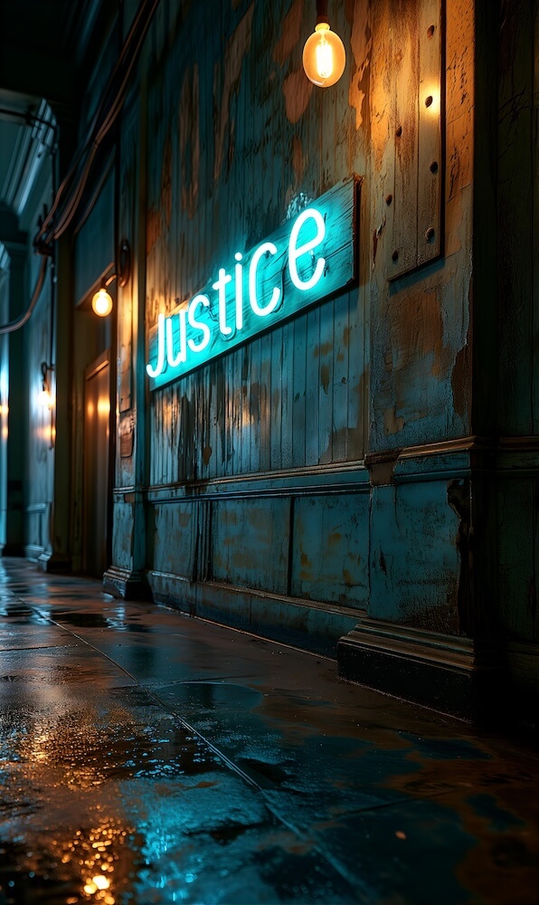 podcast-glowing-teal-color-lettering-neon-sign-justice
