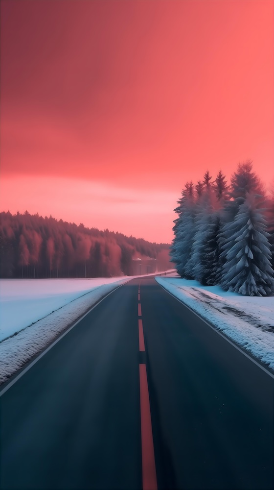 dark-red-and-light-pink-road-in-winter-evening