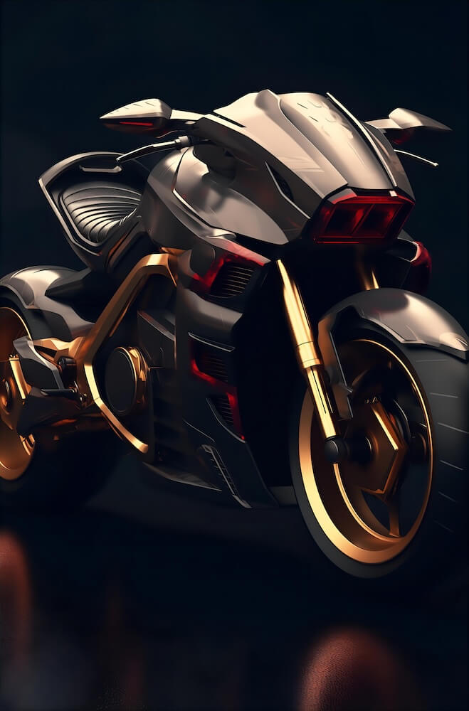 the-front-of-a-dark-gold-and-light-crimson-motorcycle-with-wheels