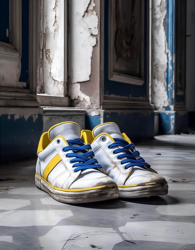 contemporary-gothic-white-and-blue-sneakers-with-yellow-accents