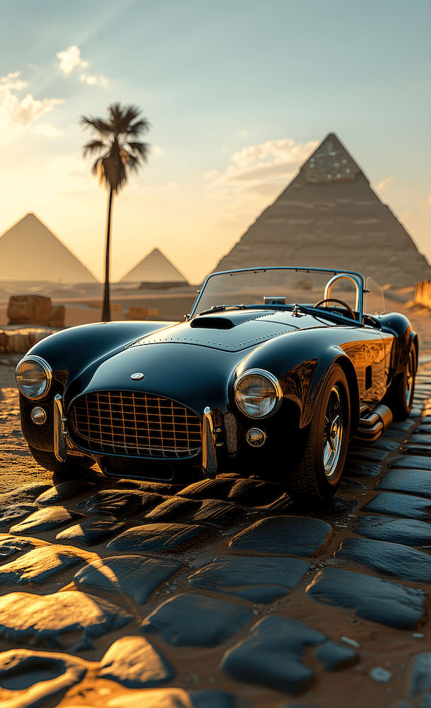 an-egyptian-car-is-parked-in-front-of-many-pyramids