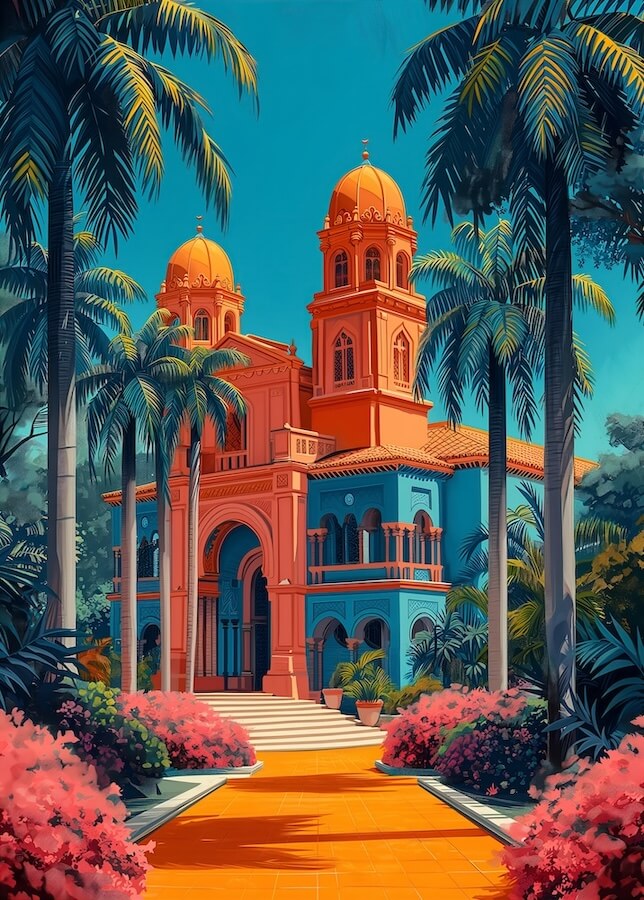 illustration-with-a-blue-background-and-palm-trees
