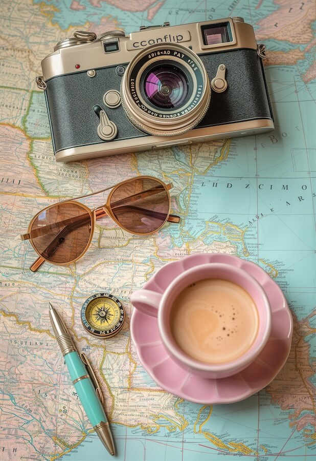 camera-sunglasses-pen-compass-and-cup-of-coffee-on-the-map