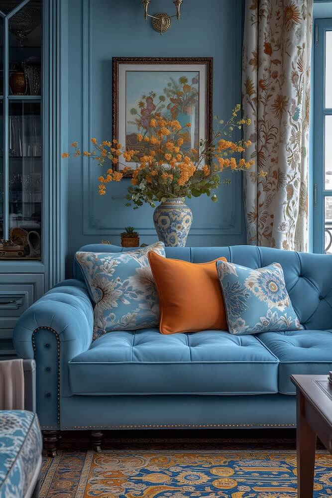 living-room-has-a-blue-sofa-and-a-gold-vase