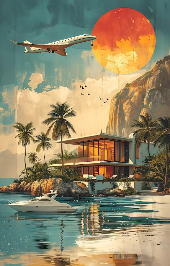 house-and-palm-trees-with-an-airplane-and-boat