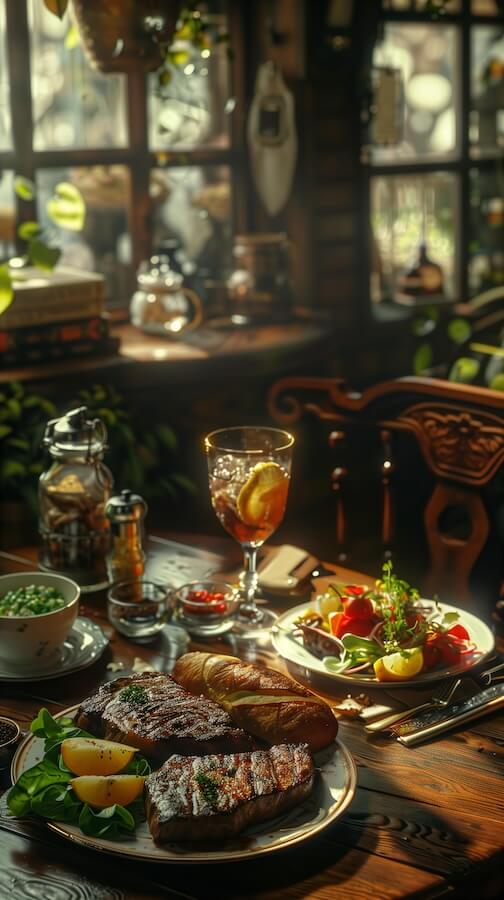 cozy-cafe-atmosphere-with-a-table-featuring-delicious-food