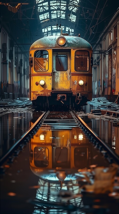 old-train-on-tracks-in-a-flooded-building-full-of-rain