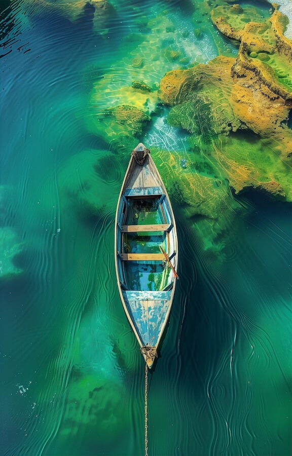 wooden-boat-floats-on-the-clear-green-water-of-an-emerald-lake