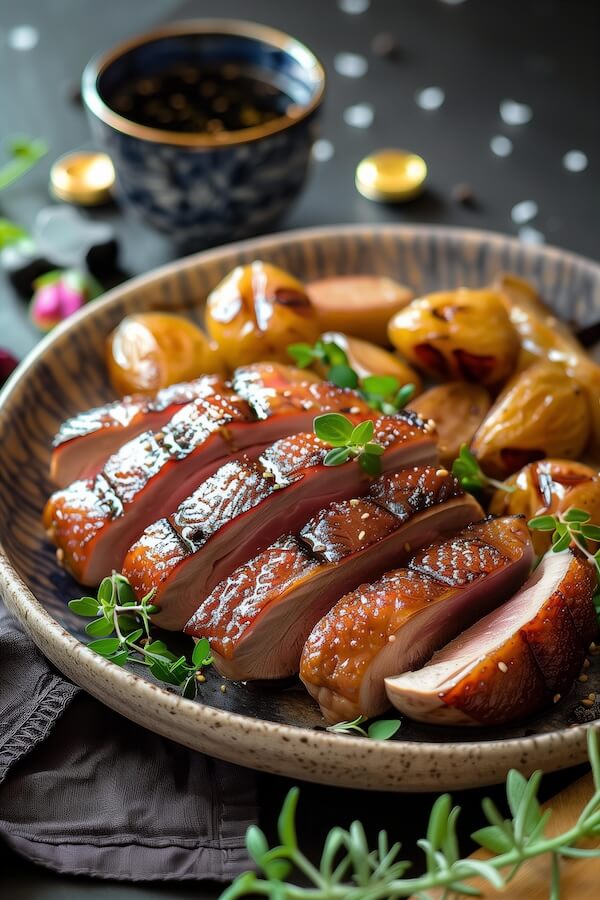 sliced-smoky-duck-with-honey-glaze-and-potatoes