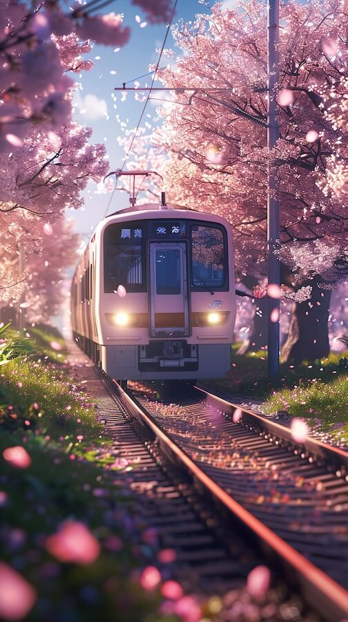 a-train-is-driving-on-a-grass-with-cherry-blossom-trees-around-it