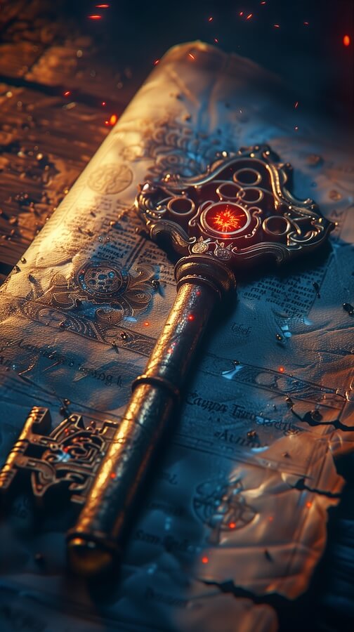 fantasy-key-laying-on-an-ancient-map-and-mystical-symbols