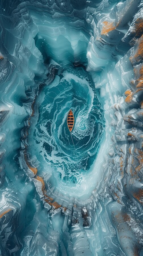 aerial-view-of-an-ice-lake-with-a-small-boat-in-the-center