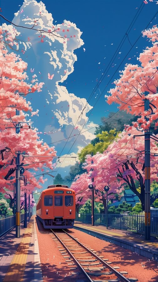 railway-train-going-through-spring-cherry-blossom
