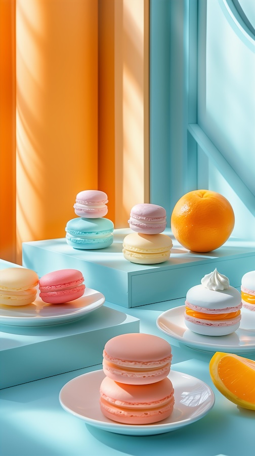 colorful-macarons-on-plates-and-podiums-in-pastel-colors