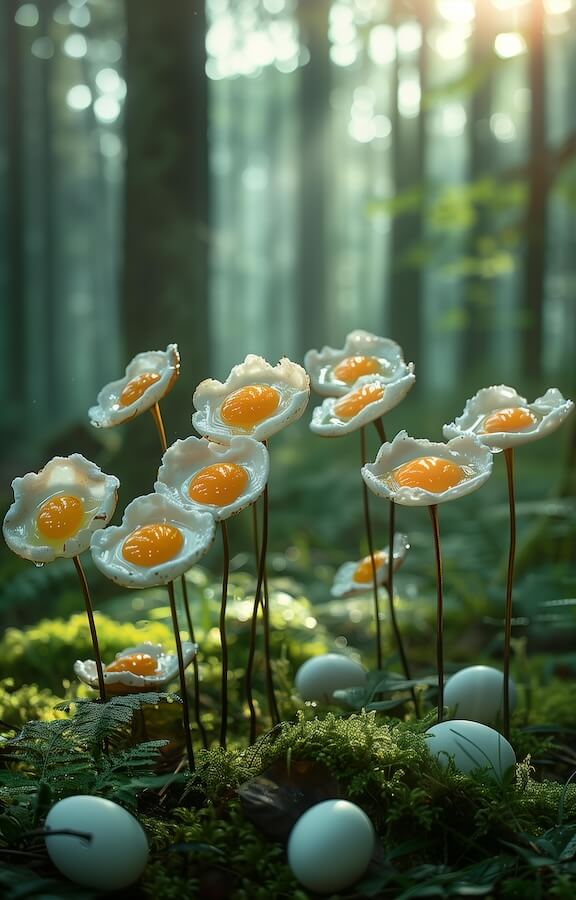 fried-eggs-in-the-shape-of-flowers-grow-on-long-stems-in-a-forest