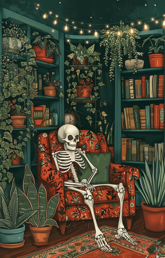 skeleton-sits-in-an-armchair-surrounded-by-potted-plants-and-books