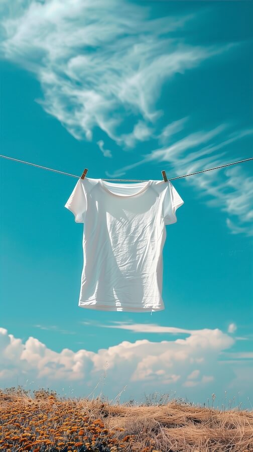 white-t-shirt-hanging-on-a-clothesline-with-a-blue-sky