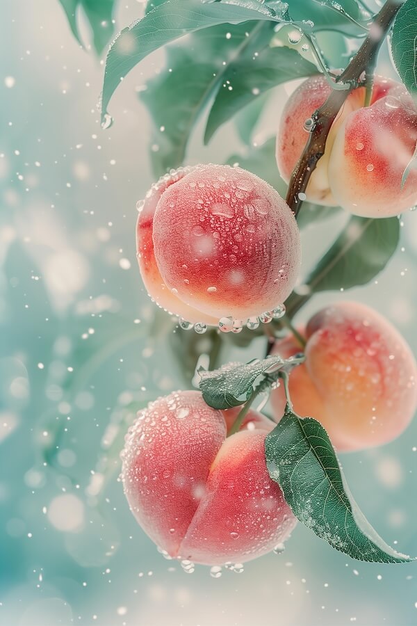 peaches-hanging-on-the-tree-with-water-droplets-and-snowflakes