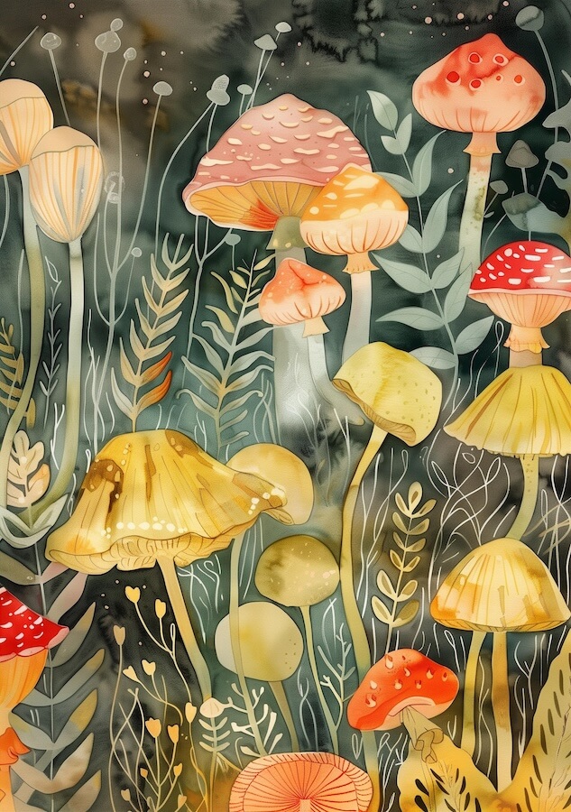 whimsical-watercolor-illustration-of-mushrooms-and-plants
