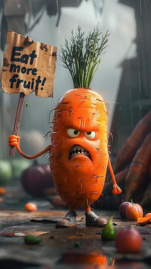 angry-carrot-holding-a-sign-eat-more-fruit