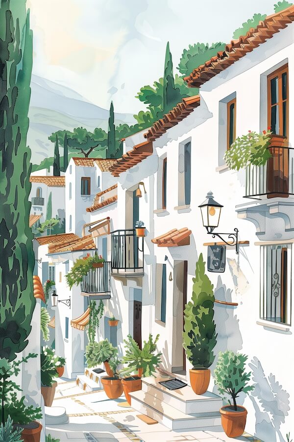art-deco-print-of-fronts-of-houses-in-italian-town-during-summer