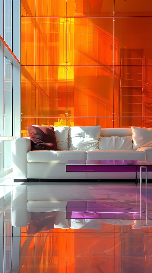 modern-white-sofa-sits-in-the-middle-of-an-orange-and-purple-room