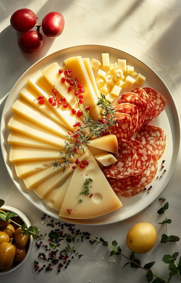 top-view-of-a-round-white-plate-with-different-cheese-and-salami