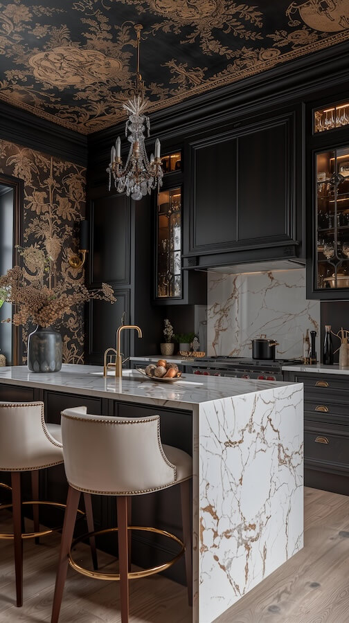 kitchen-with-black-cabinets-a-white-marble-island-and-gold-accents