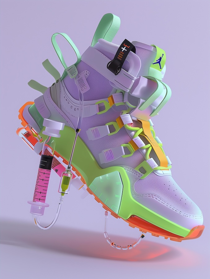 3d-render-of-colorful-sneaker-with-medical-equipment-and-syringe