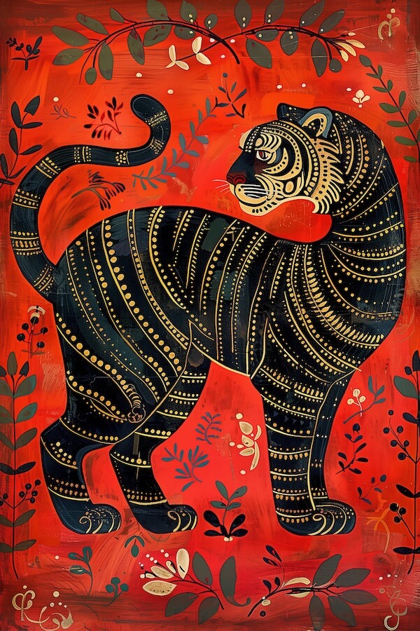 phad-painting-of-a-tiger-with-a-red-background