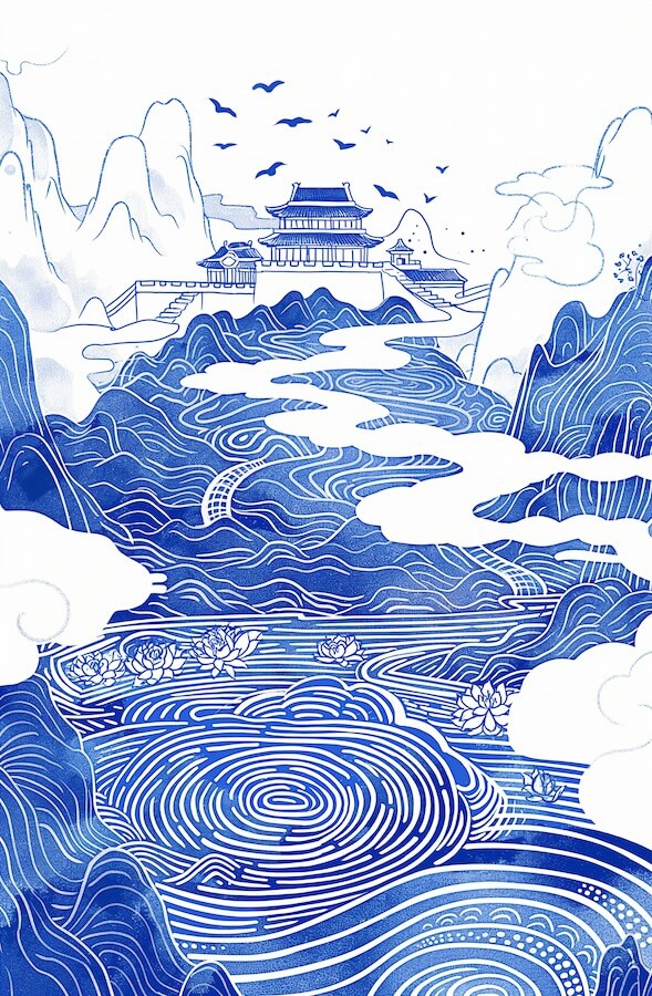 blue-and-white-ink-illustration-of-the-landscape-of-suzhou-in-china