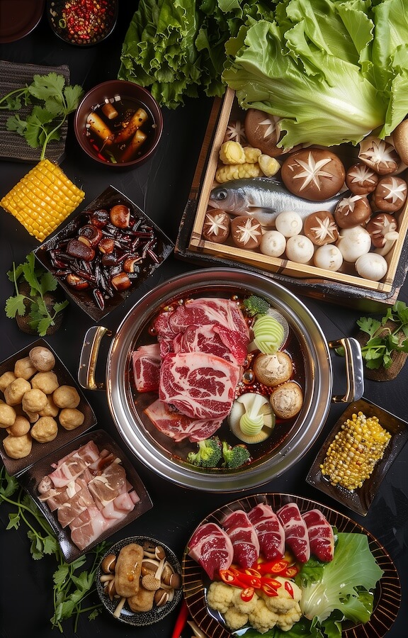 overhead-photo-of-the-hot-pot-ingredients-arranged-neatly-on-top
