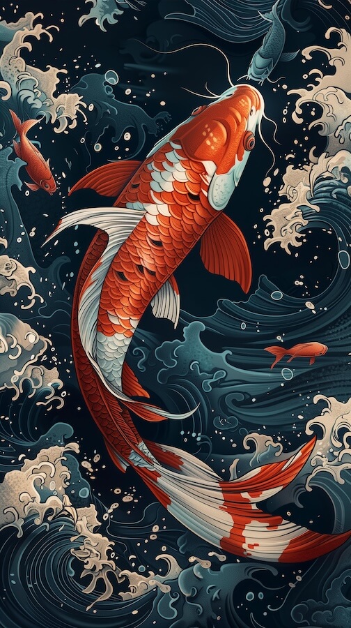 simplistic-koi-fish-design-on-a-background-with-waves