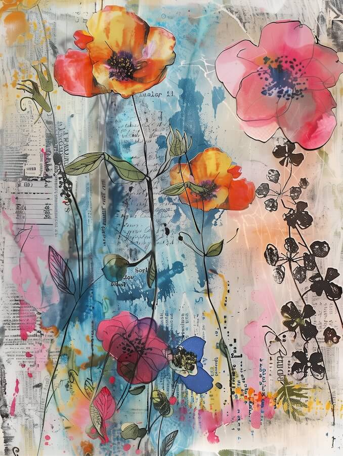 mixed-media-collage-featuring-wildflowers-with-newspaper-clippings