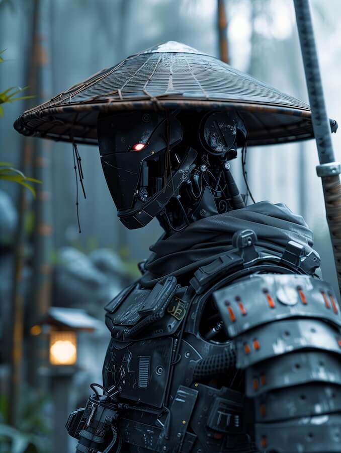 robot-samurai-wearing-an-ancient-japanese-conical-hat-and-armor