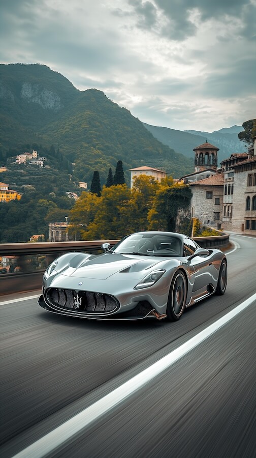 silver-maserati-driving-on-the-road-in-front-of-an-italian-mountain