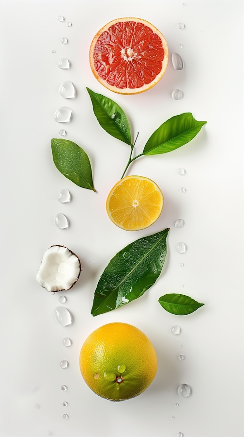 lemon-grapefruit-and-coconut-leaves-on-a-white-background