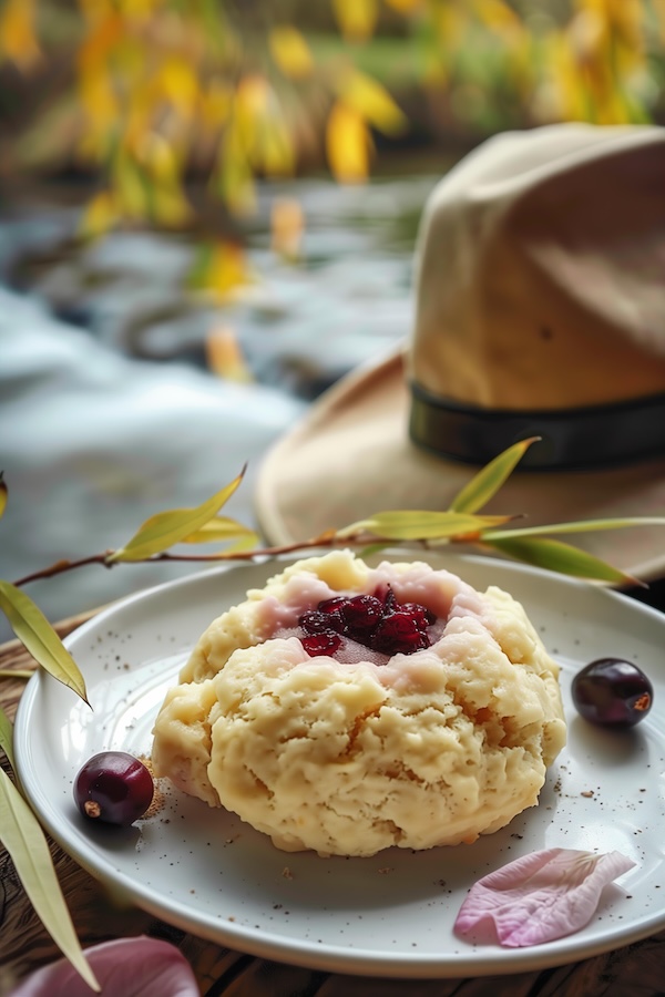 rustic-scone-with-cream-and-cranberry-jam-on-a-white-plate