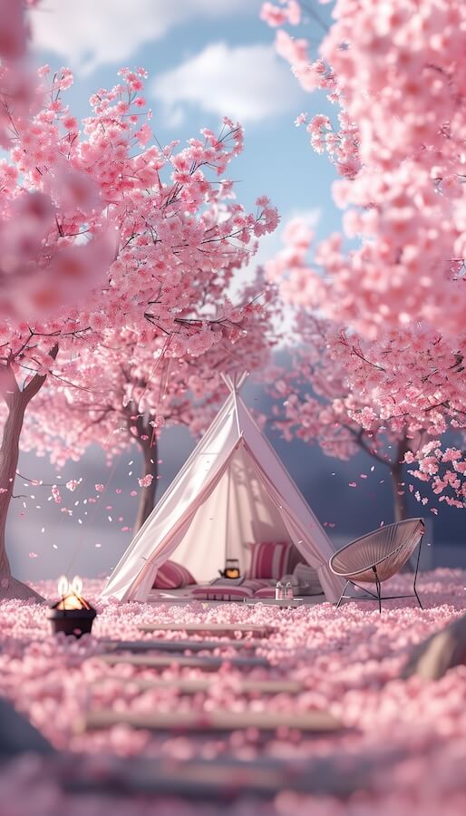 camping-tent-in-the-middle-of-cherry-blossom-trees